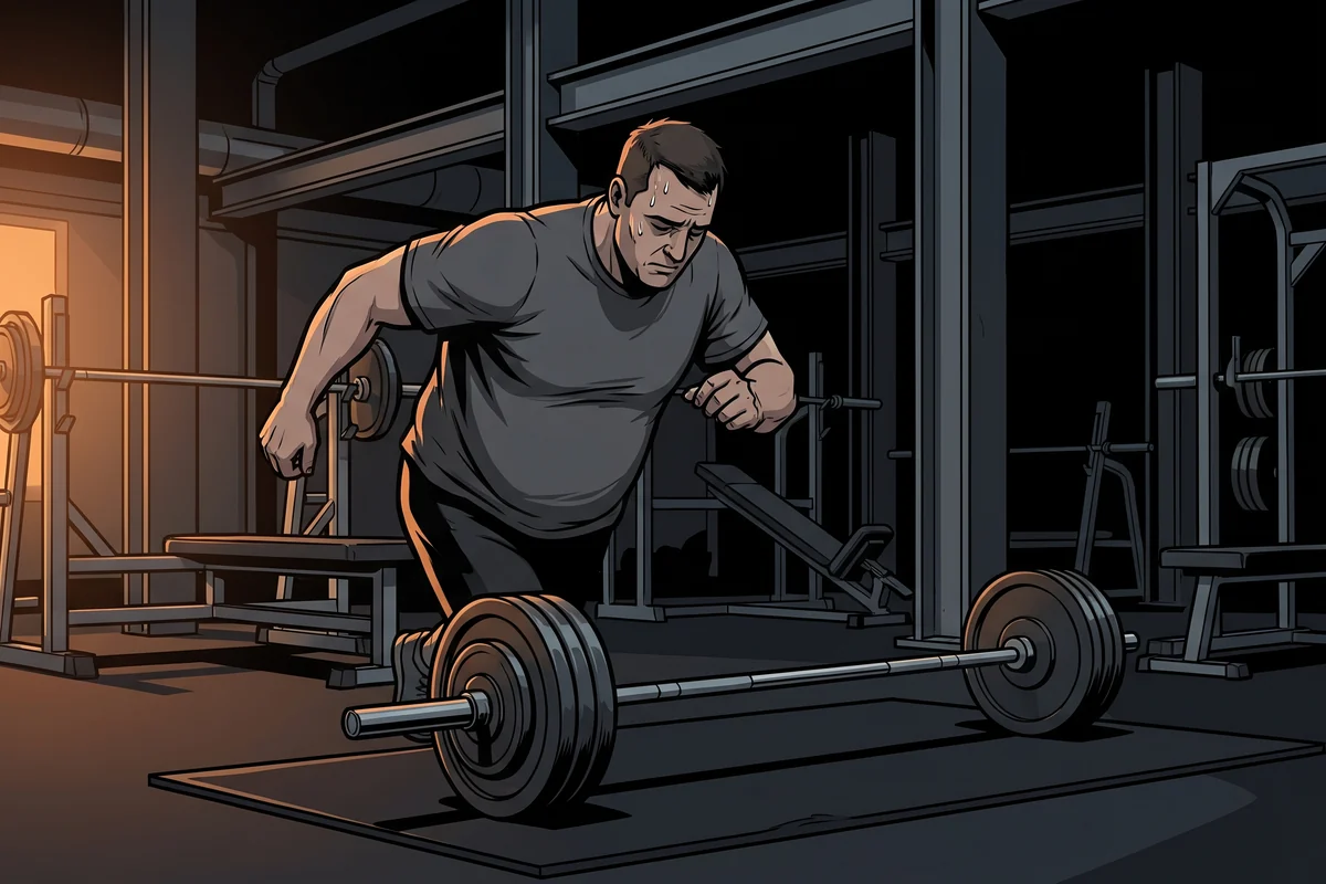 A tired man rushing back to the barbell, shoulders slumped