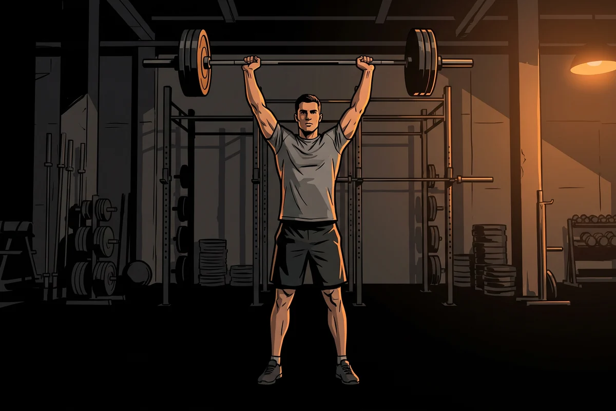 A man pressing a loaded barbell overhead with steady posture
