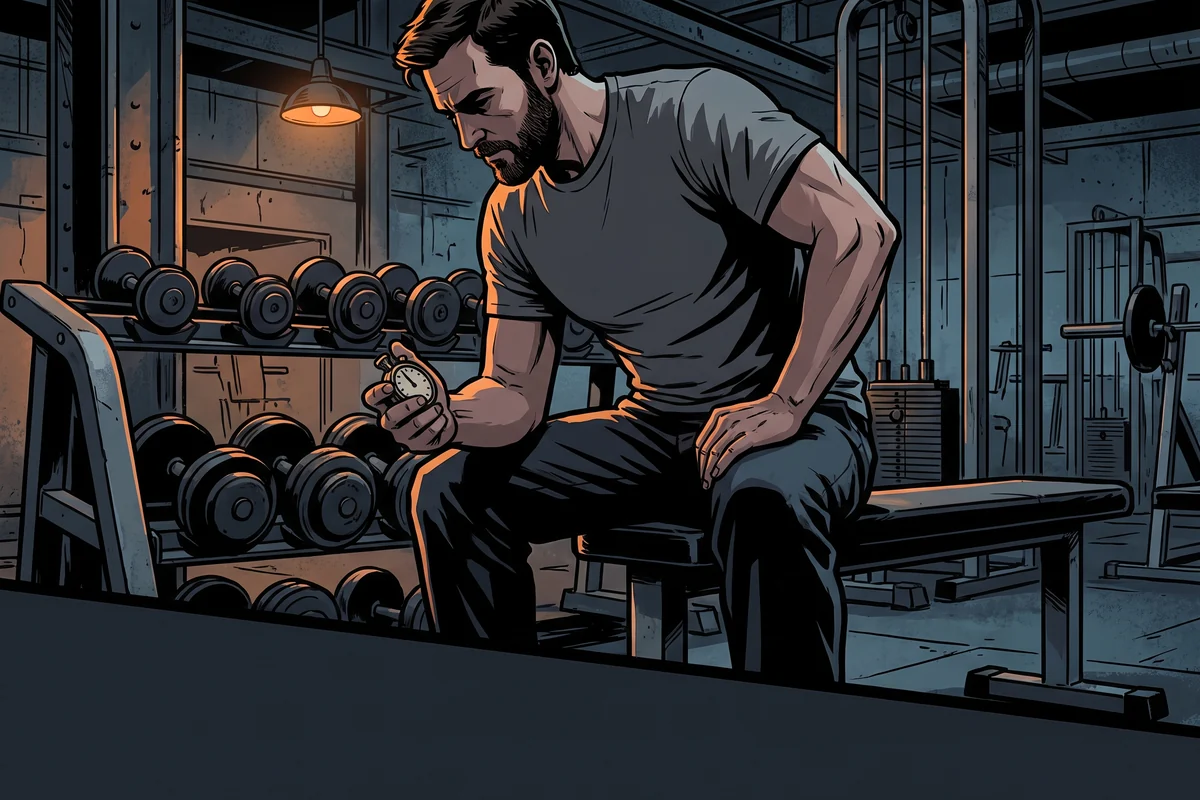 A man sitting on a bench holding a stopwatch, focused